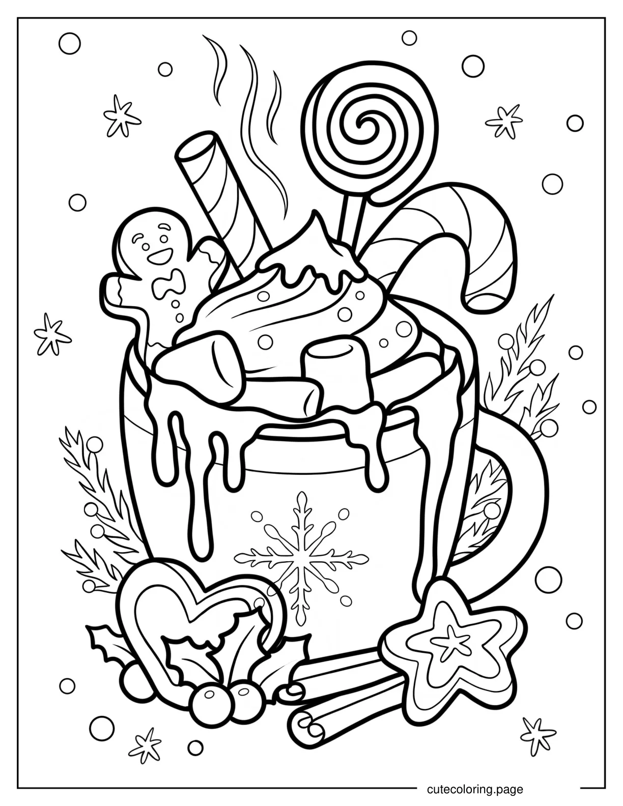 Overflowing Hot Chocolate Drink With Cinnamon Stick Gingerbread Man Candy Cane And Lollipop Coloring Page coloring page