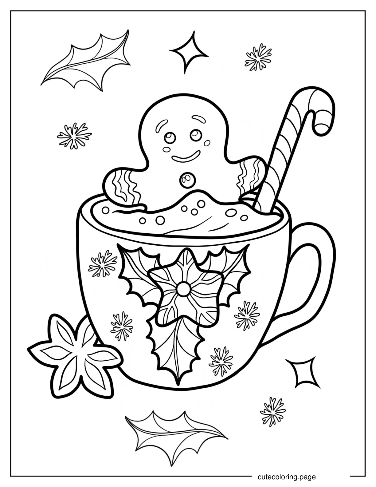 Simple Outline Of Gingerbread Man Inside Cup Of Hot Cocoa Coloring Sheet coloring page