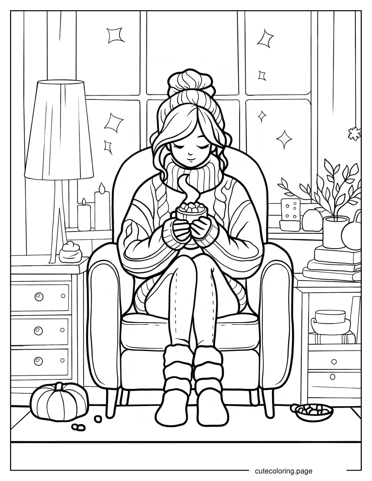 Woman Holding Hot Cocoa With Marshmallows While Sitting On Chair Coloring Sheet coloring page