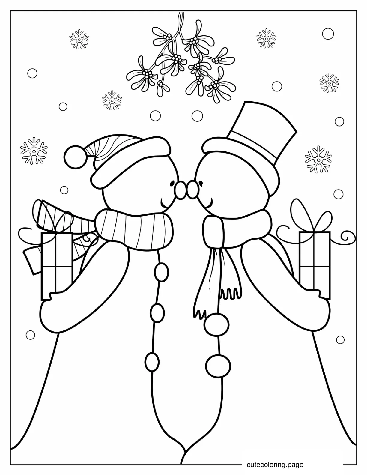 Snowman And Snowlady Kissing Under Mistletoe coloring page