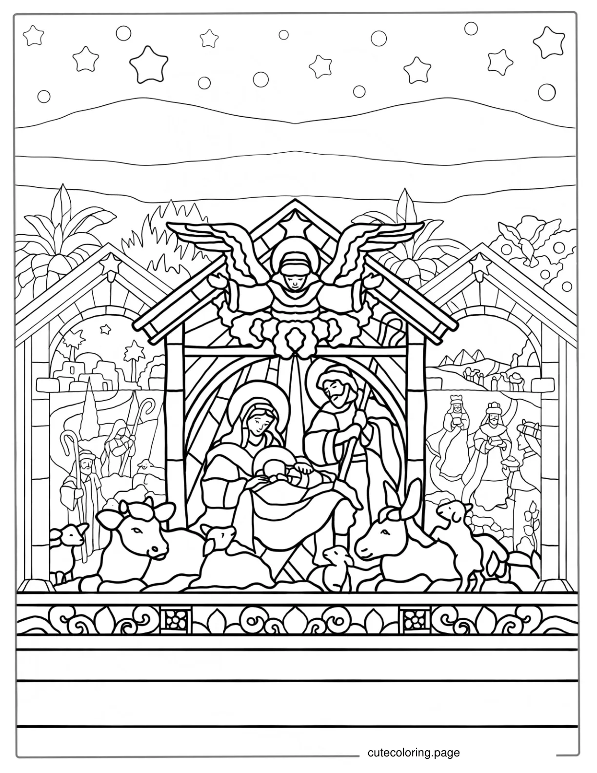 Coloring Page Of Nativity In Stained Glass With Shepards And Magi coloring page