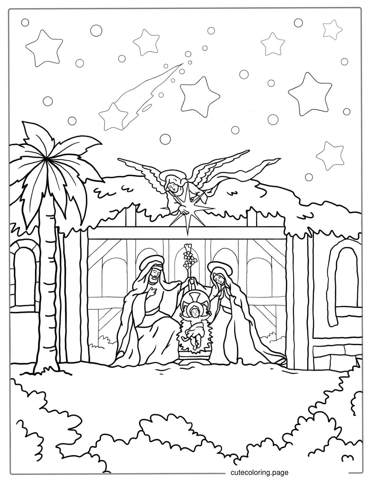 Detailed Nativity With Angel To Color coloring page