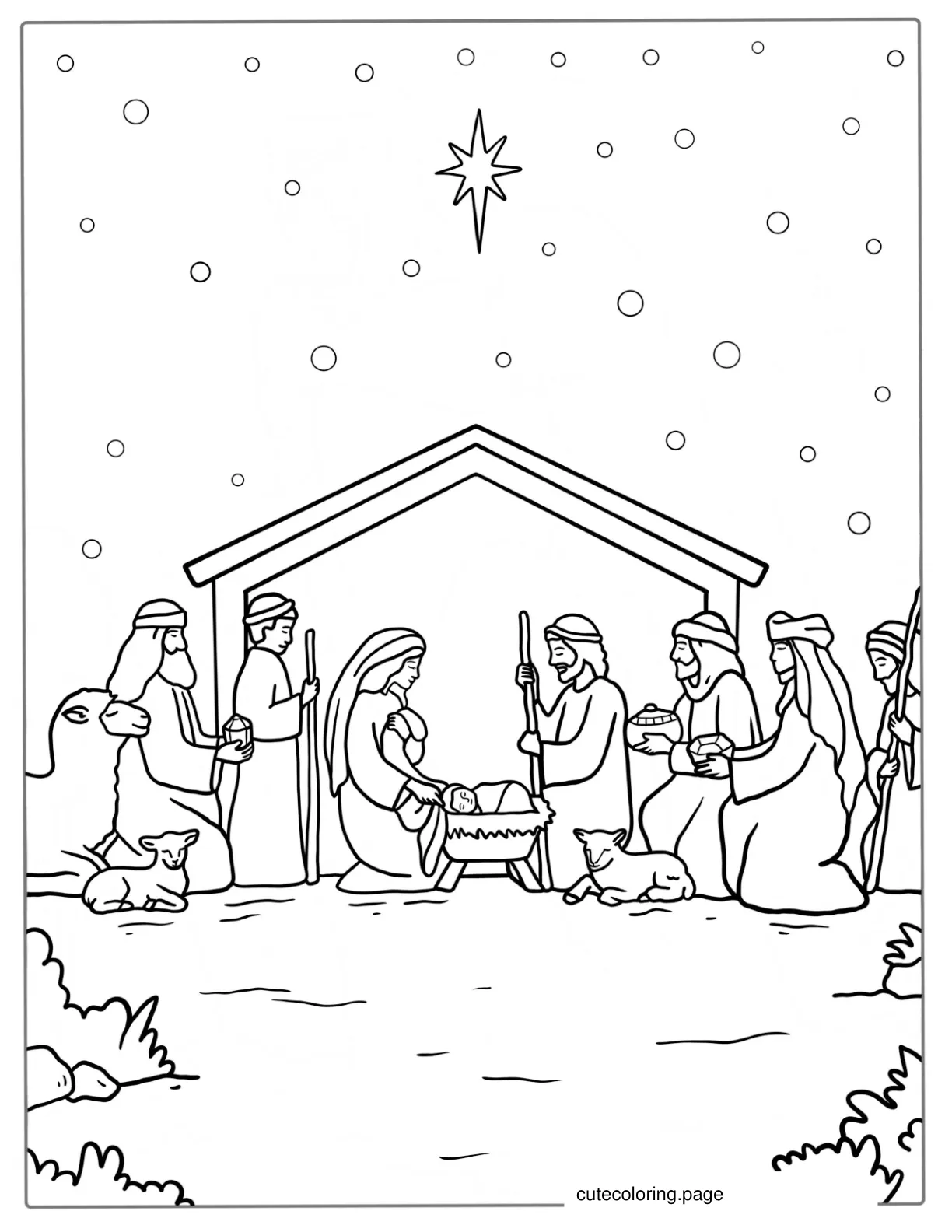 Easy Outline Of Nativity With Three Wise Kings To Color coloring page