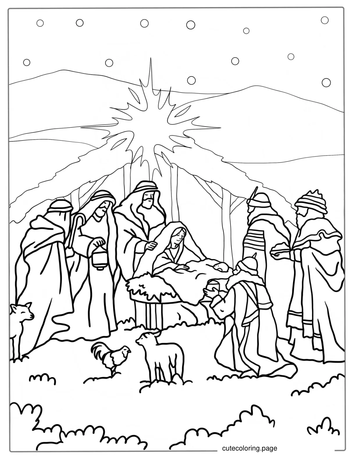 Nativity Coloring Page With Shepards And Kings coloring page