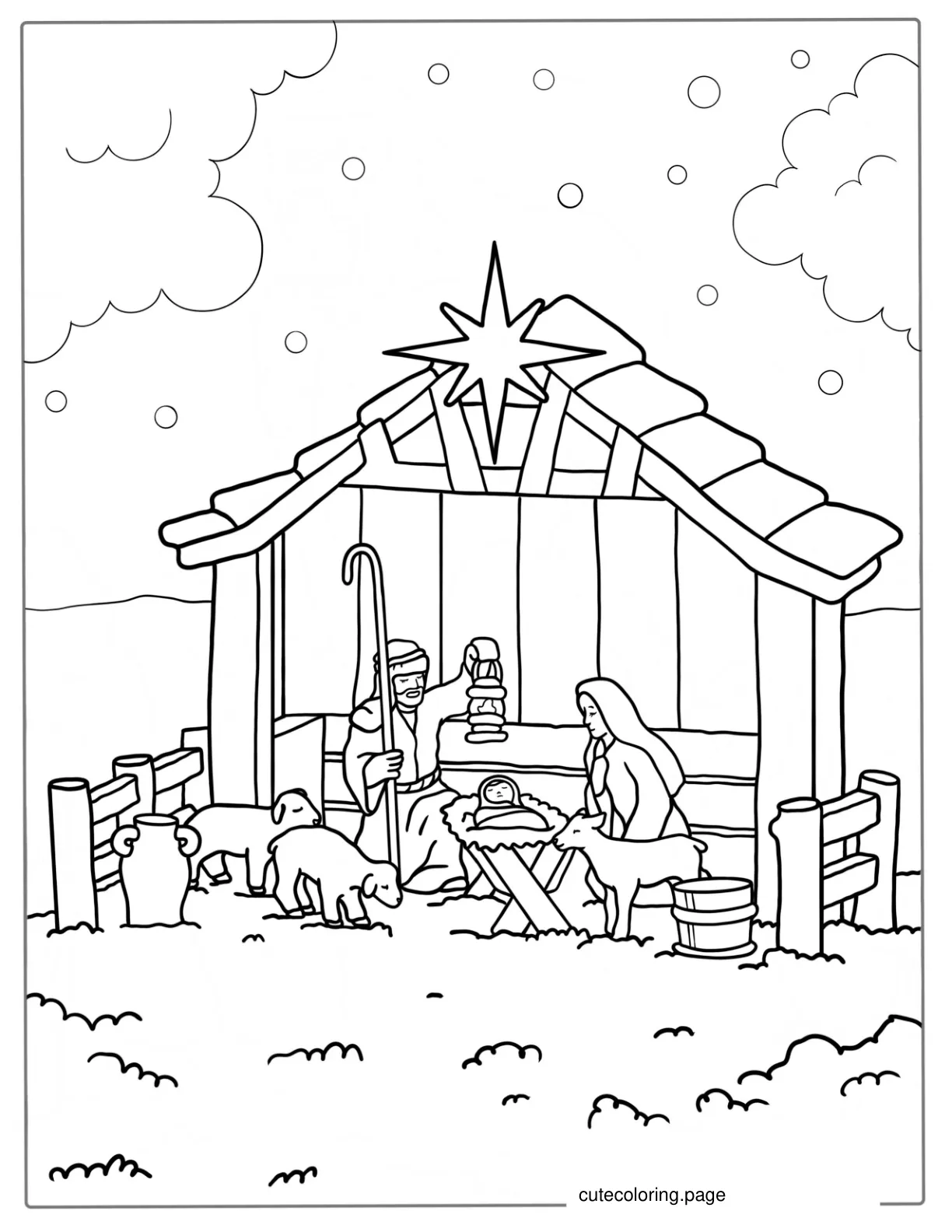 Nativity of Jesus In a Stable And Sheep To Color coloring page