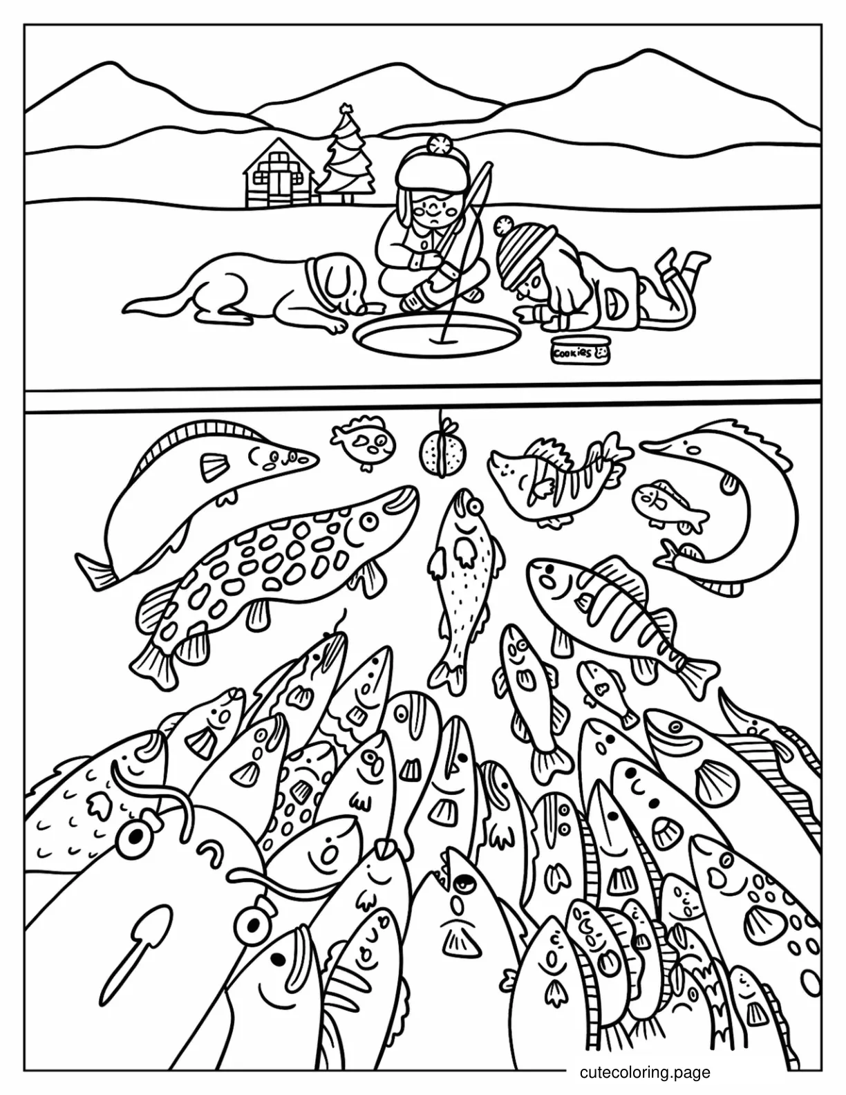 Children Ice Fishing In The North Pole Coloring Sheet For Kids coloring page