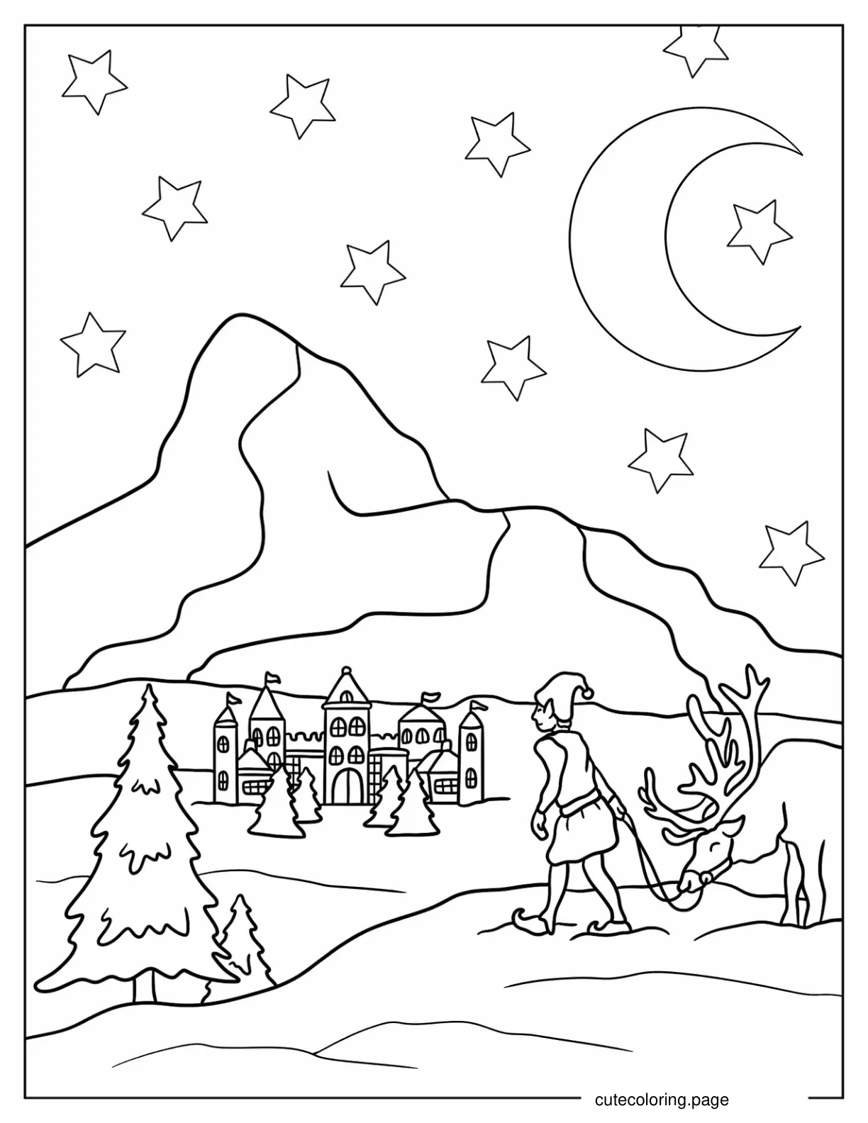 Elf Leading A Reindeer In The North Pole Coloring Page For Kids coloring page