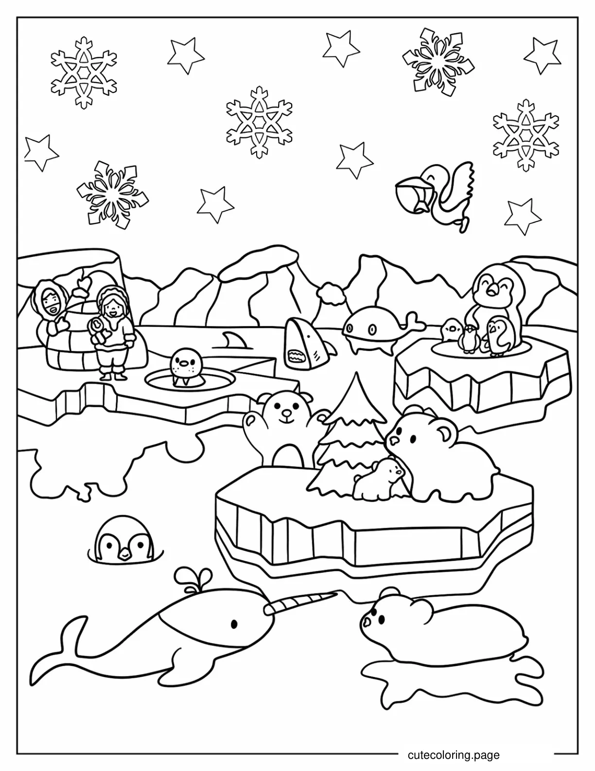 Igloo Penguins And Polar Bears In The North Pole Coloring Sheet For Preschoolers coloring page