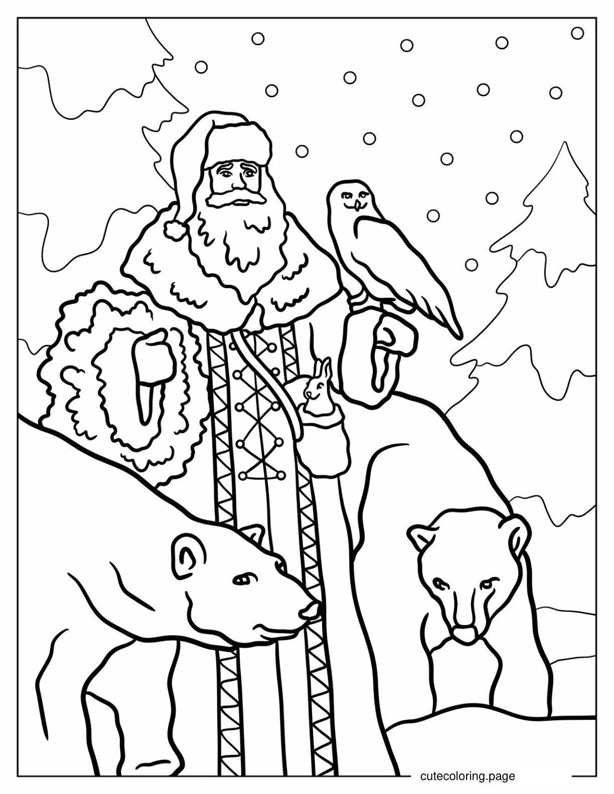 Realistic Santa Claus With An Owl And Polar Bears coloring page