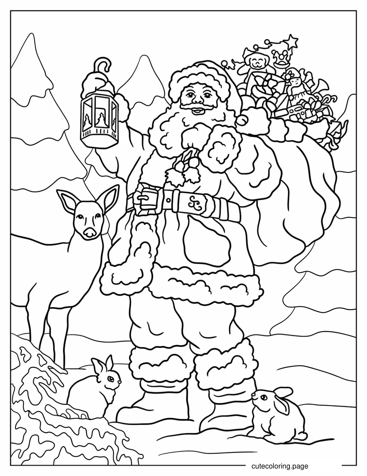 Santa Carrying Christmas Presents And Lanterns In The North Pole coloring page