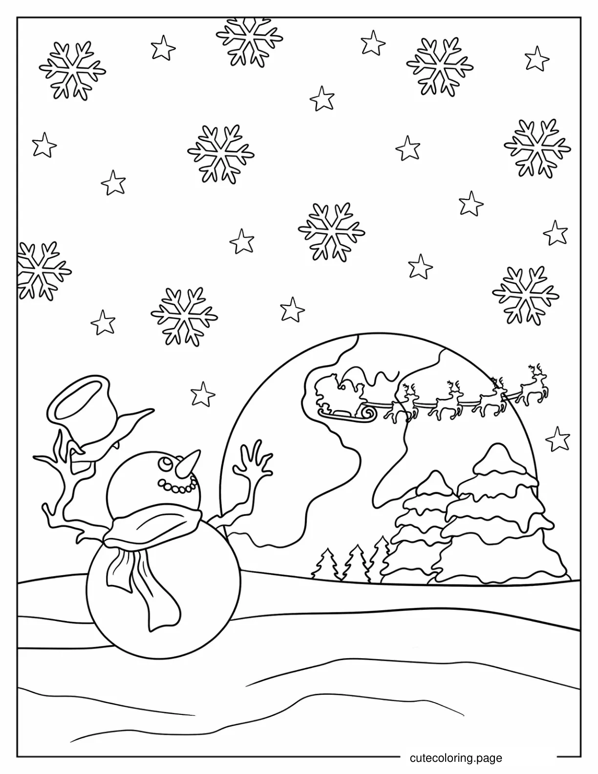 Snowman Waving At Santa On A Sleigh Flying Over The North Pole coloring page