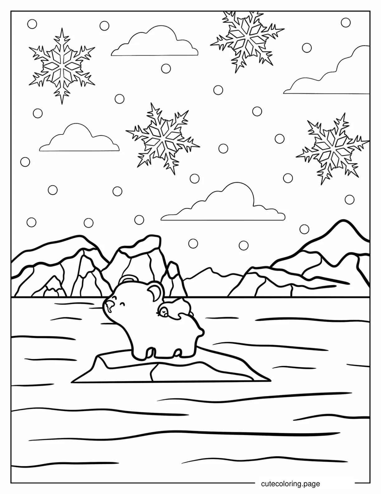 Young Bear And Penguin Floating On An Ice In The North Pole Coloring Sheet coloring page