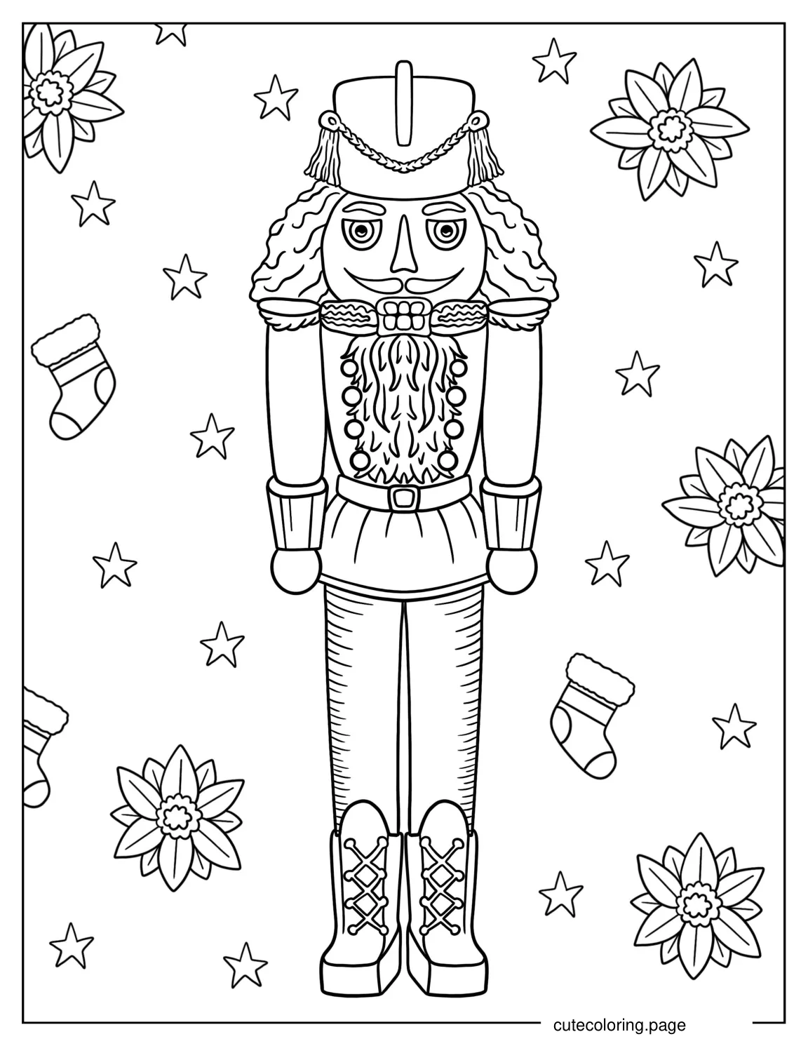 Nutcracker With Christmas Stockings And Flowers coloring page