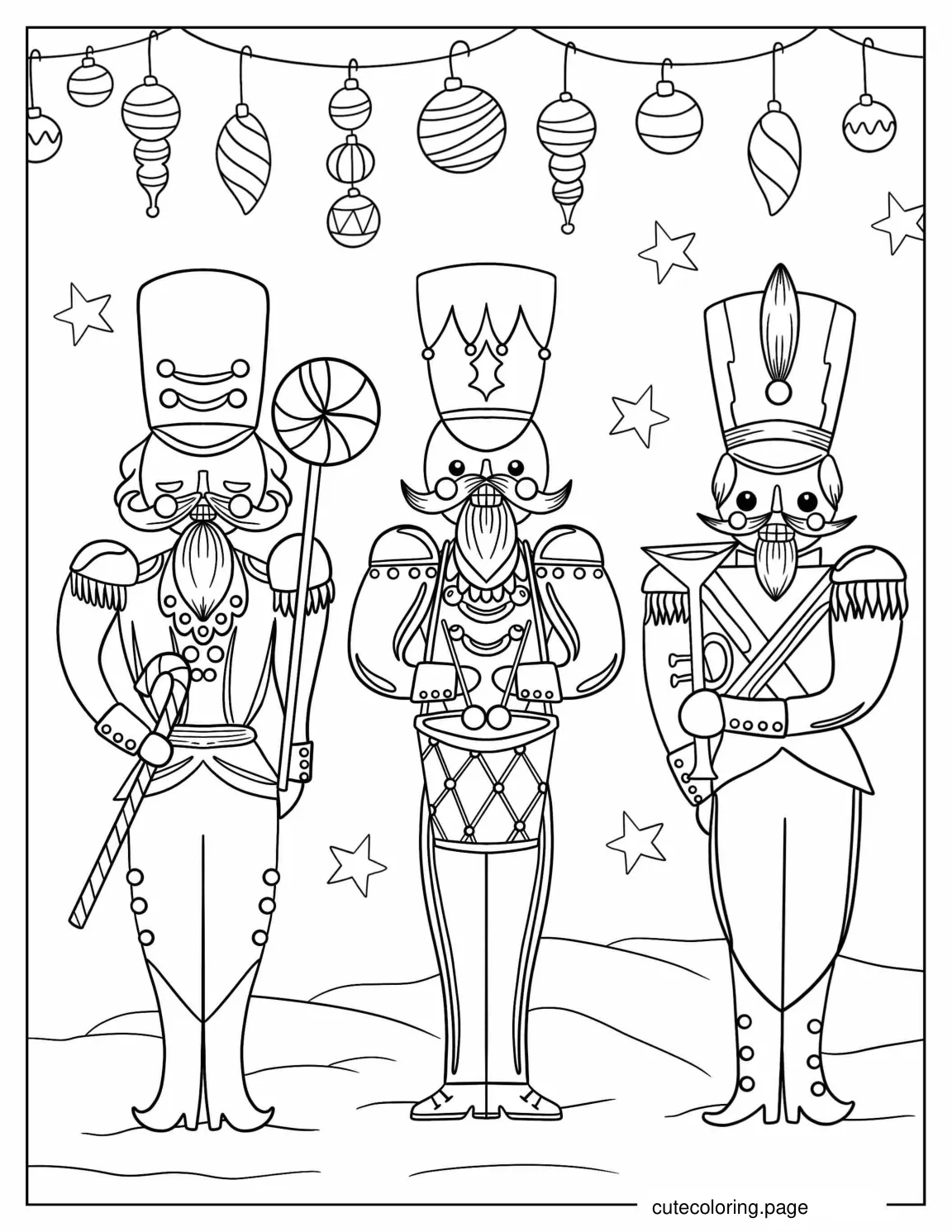 Three Nutcrackers With Christmas Ornaments coloring page