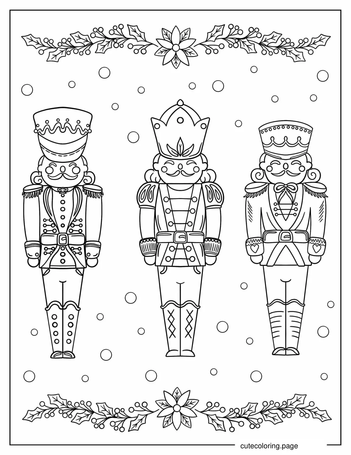 Three Nutcrackers With Mistletoe To Color coloring page