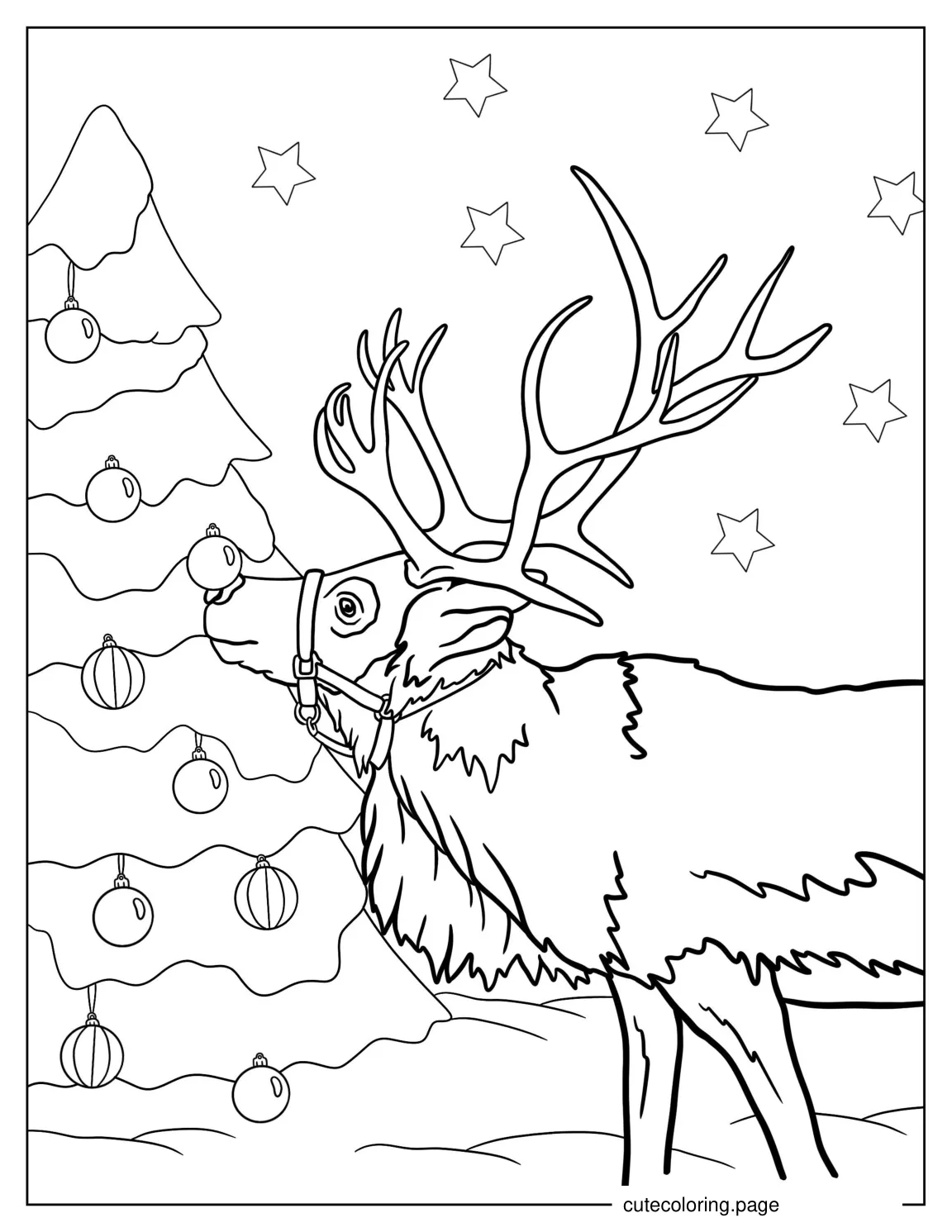 Adult Reindeer Next To Christmas Tree coloring page