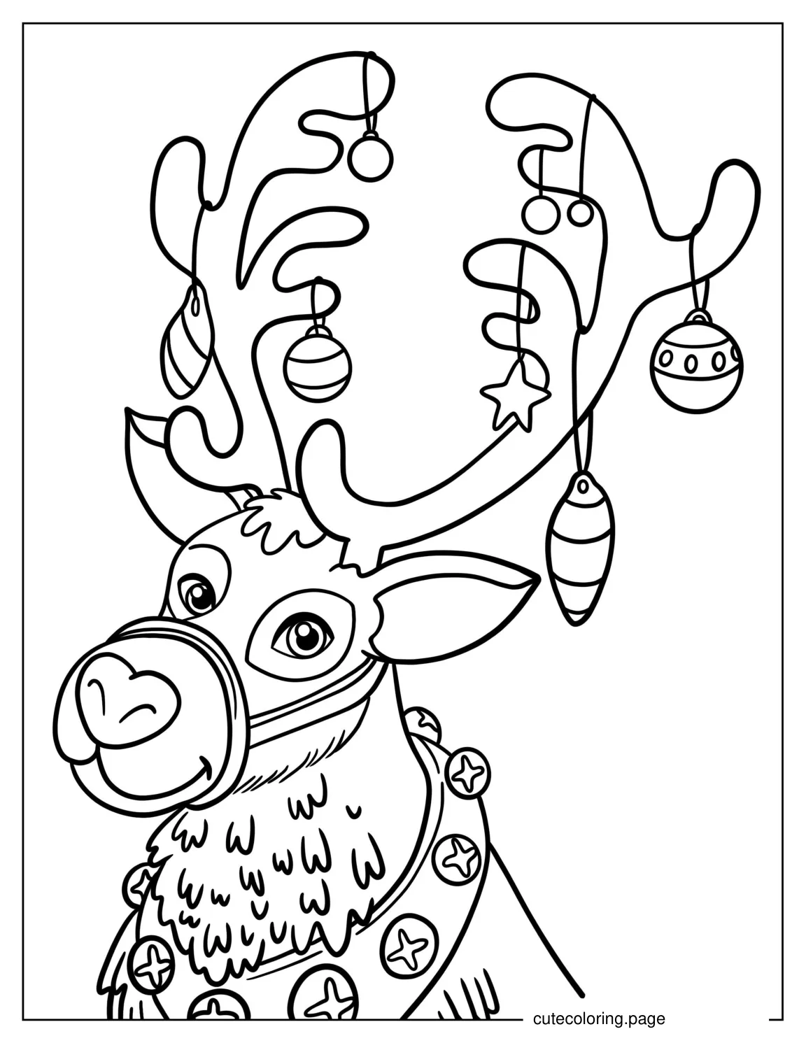 Cute Reindeer With Christmas Ornaments Hanging From Antlers coloring page