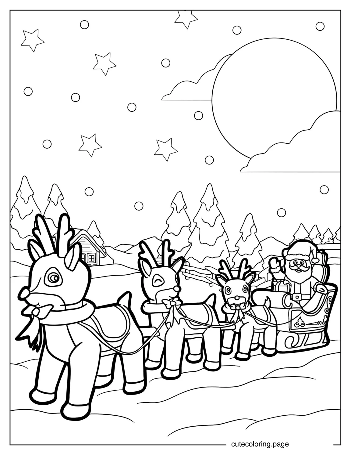 Easy Santa And His Reindeer To Color For Preschoolers coloring page