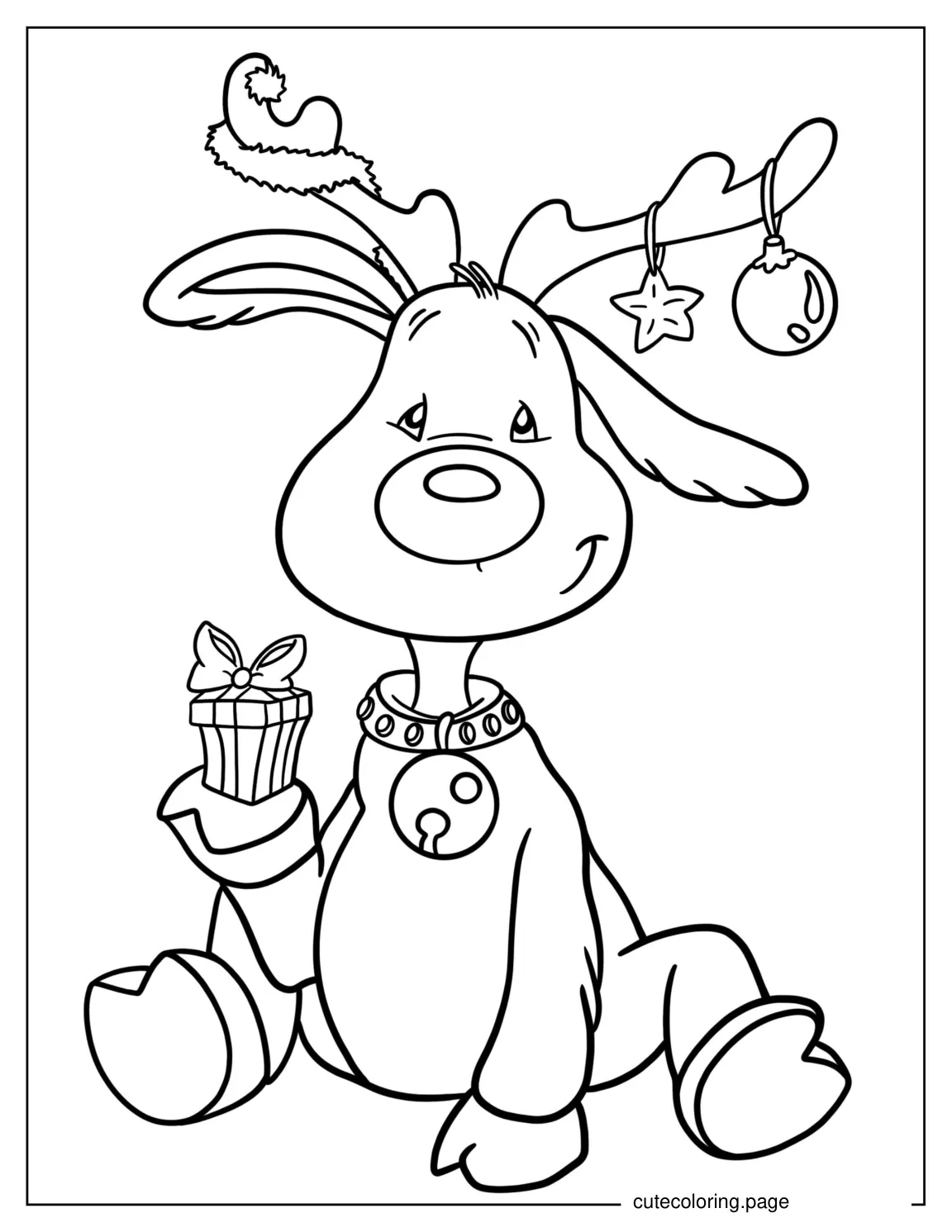 Happy Reindeer Holding a Christmas Gift To Color coloring page