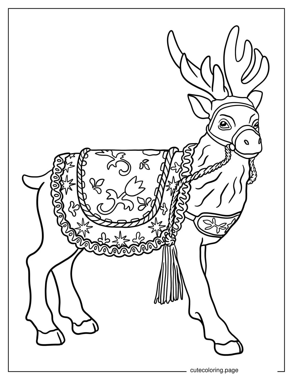 Realistic Looking Reindeer Wearing a Christmas Saddle coloring page