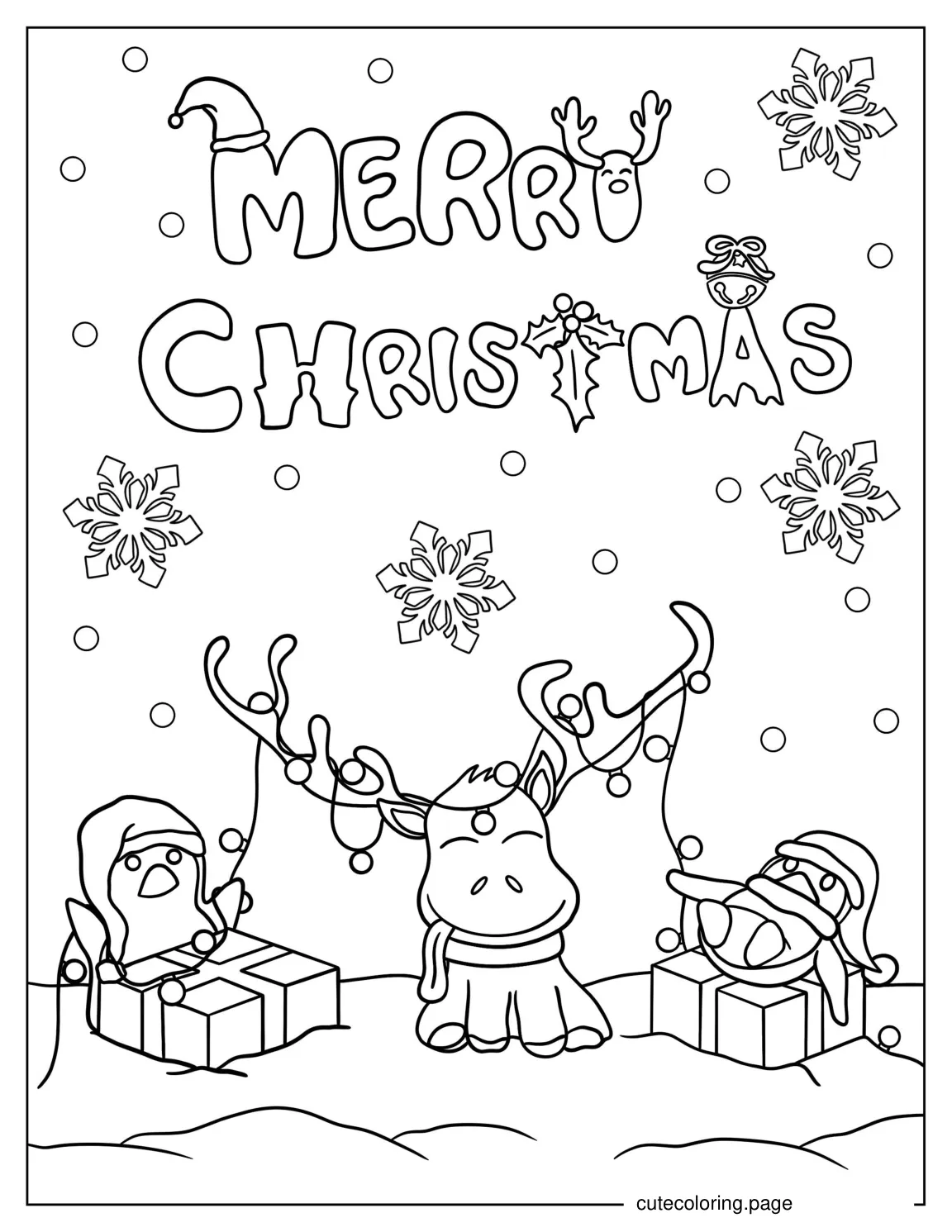 Reindeer Having Fun With Penguins To Color coloring page