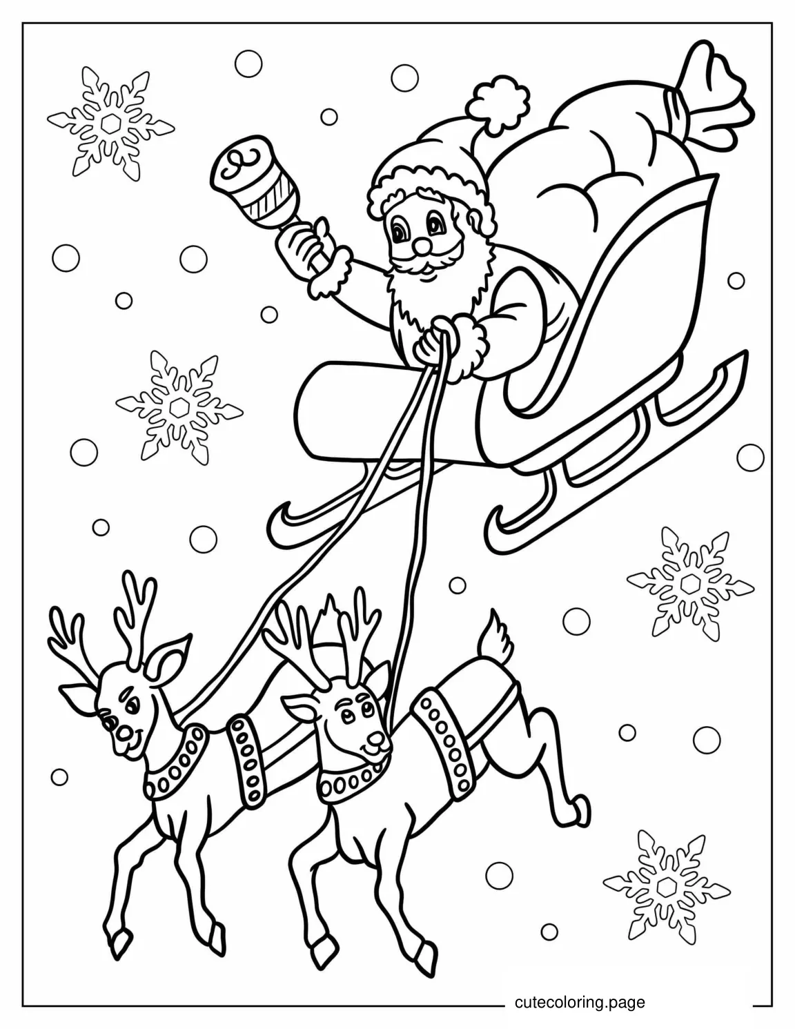 Santa Flying In The Sky With His Reindeer coloring page