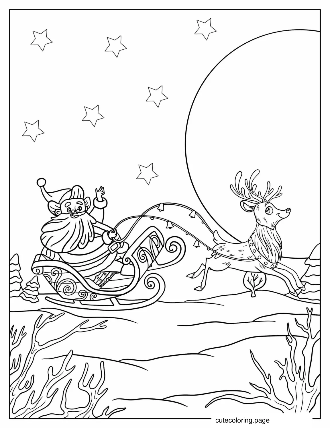 Santa In His Sleigh With Reindeer To Color coloring page