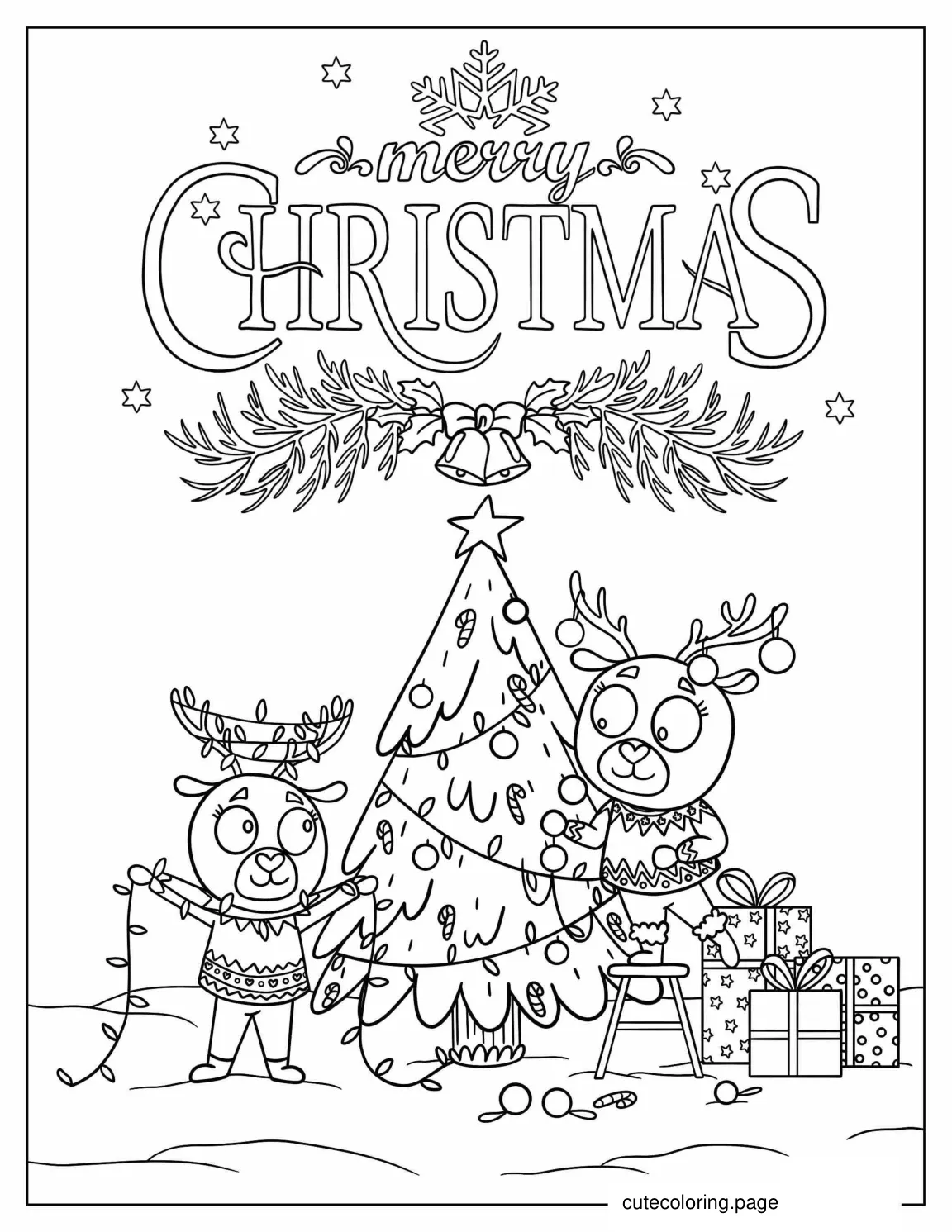 Two Cute Reindeer Decorating Christmas Tree coloring page