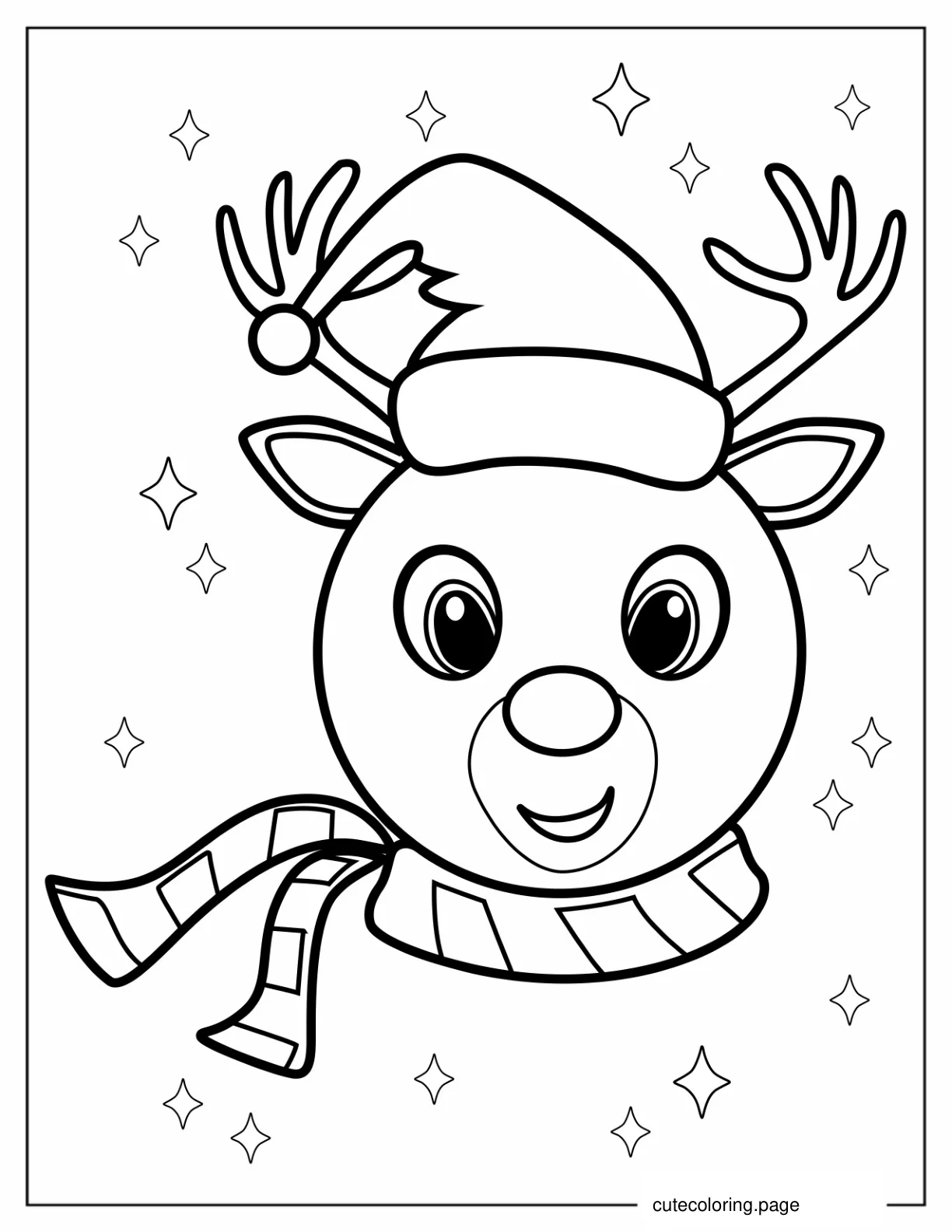 Rudolph Wearing a Scarf And Santa Hat To Color coloring page