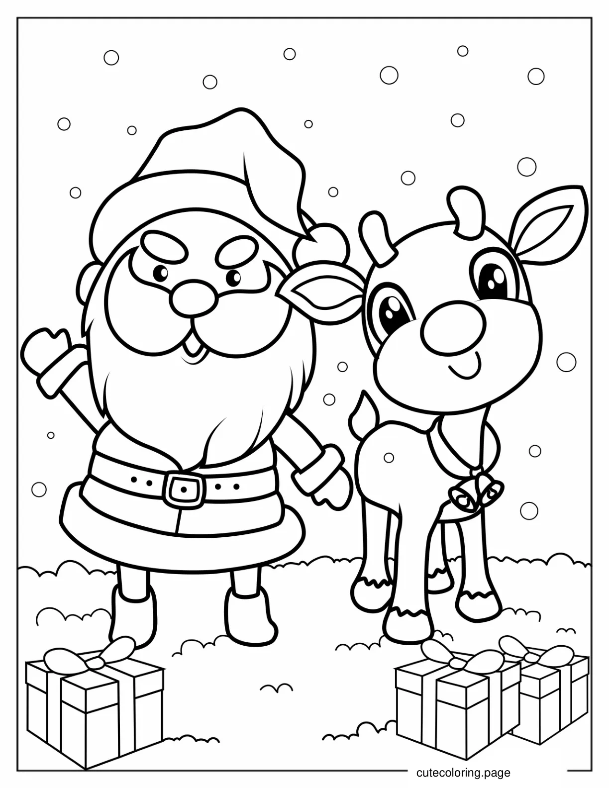 Cute Santa And Rudolph With Presents Coloring Page coloring page