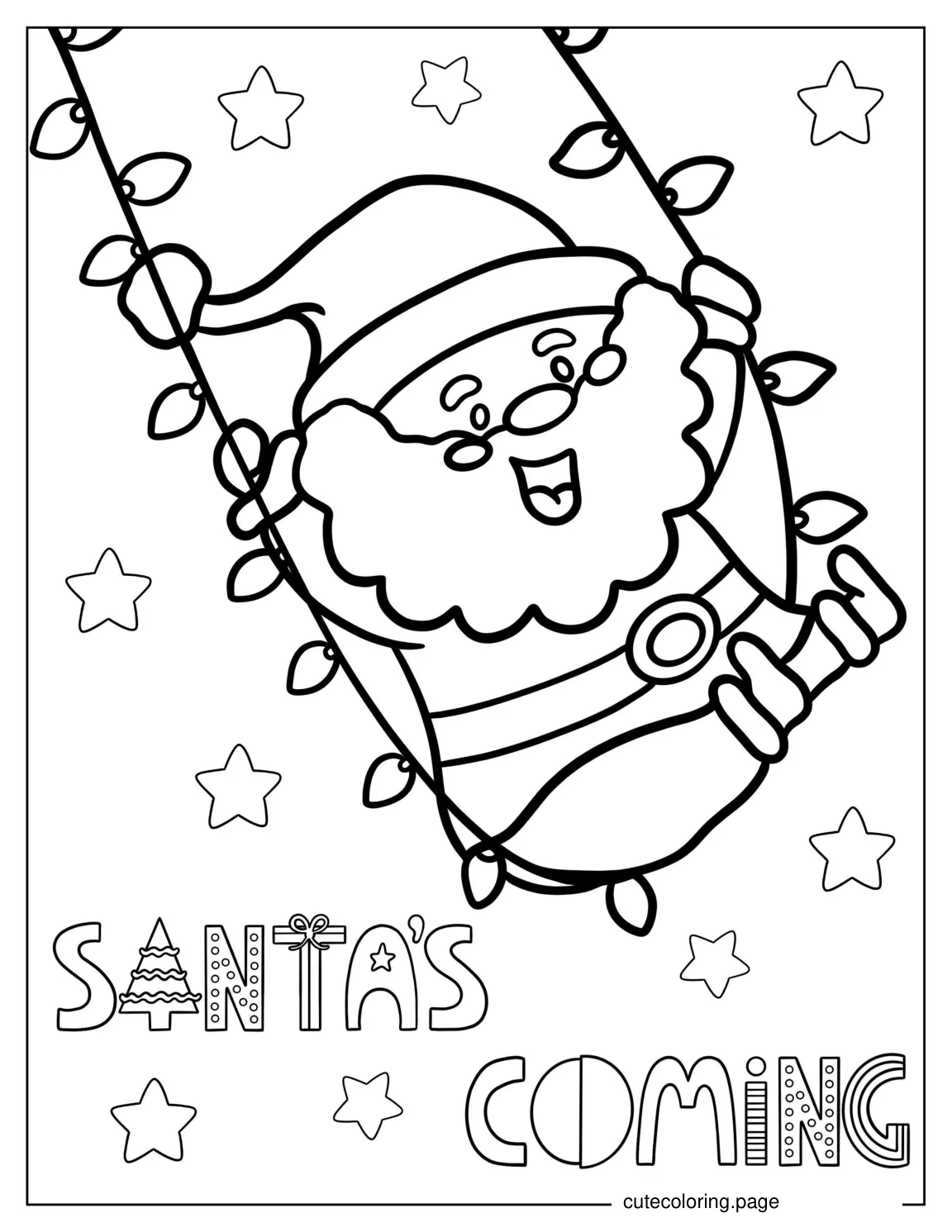 Cute Santa Swinging On Lights To Color coloring page