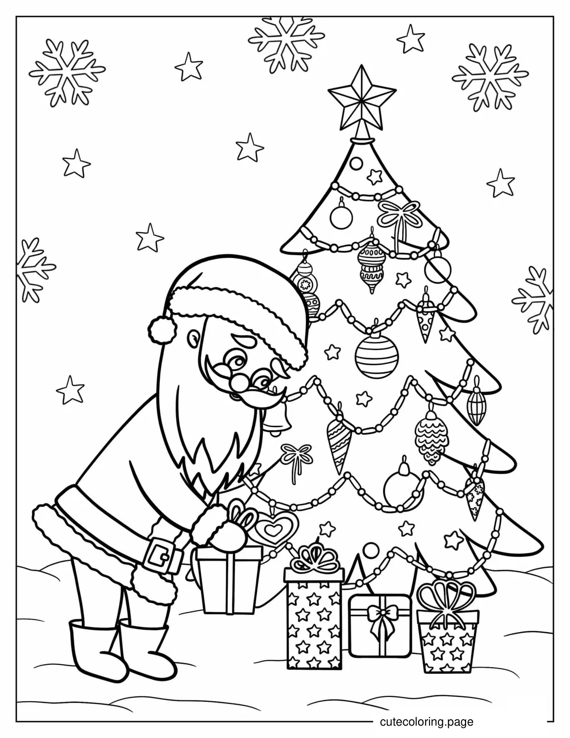 Father Christmas Putting Presents Under a Tree coloring page