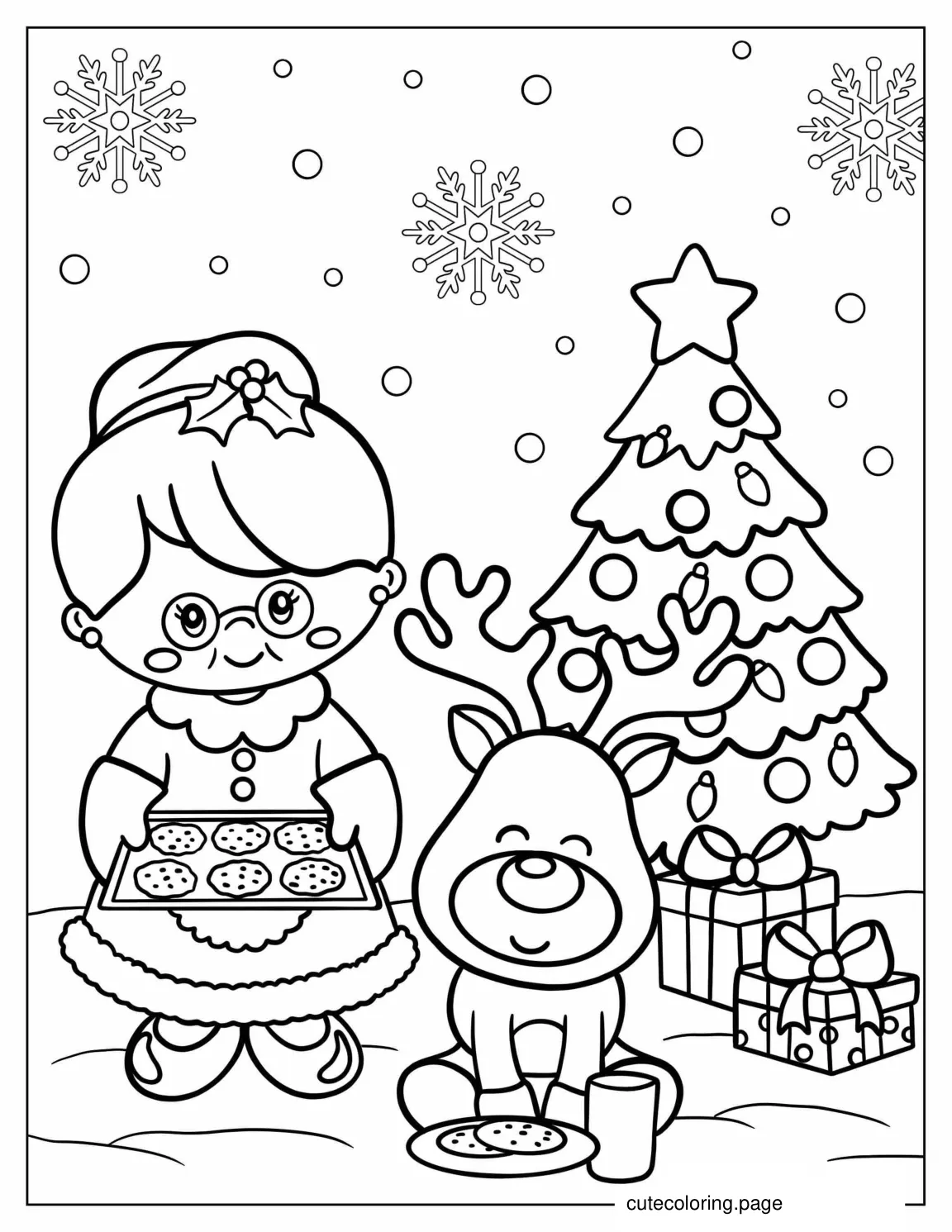 Mrs Claus With Baked Cookes And Rudolph To Color coloring page