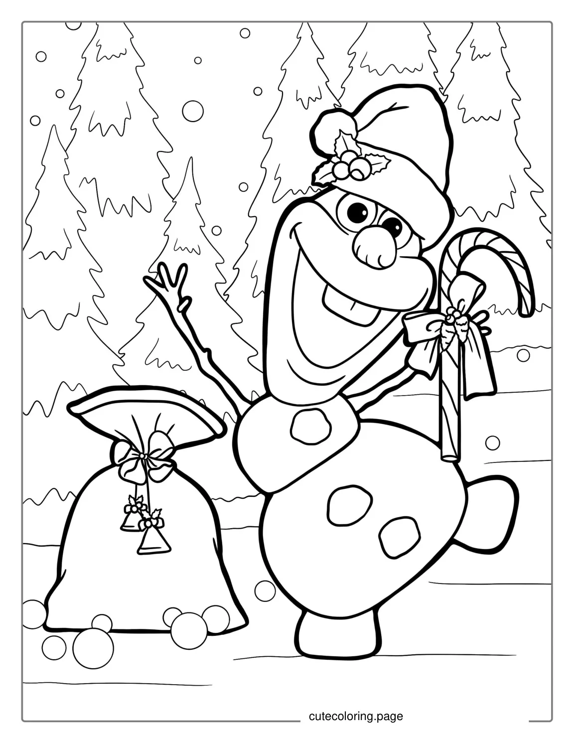 Olaf Wearing Santa Hat With Candy Cane To Color coloring page