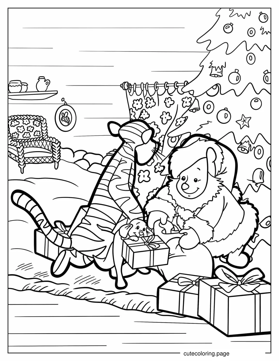 Pooh Dressed As Santa With Christmas Tree coloring page