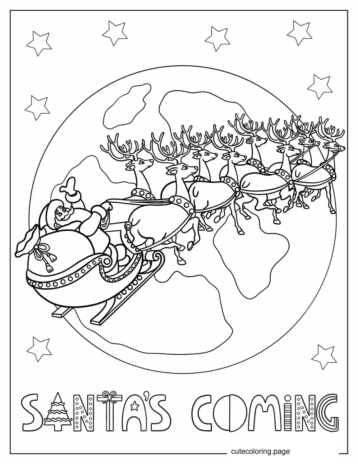 Santa And Reindeer Flying Around The World The Night Before Christmas coloring page