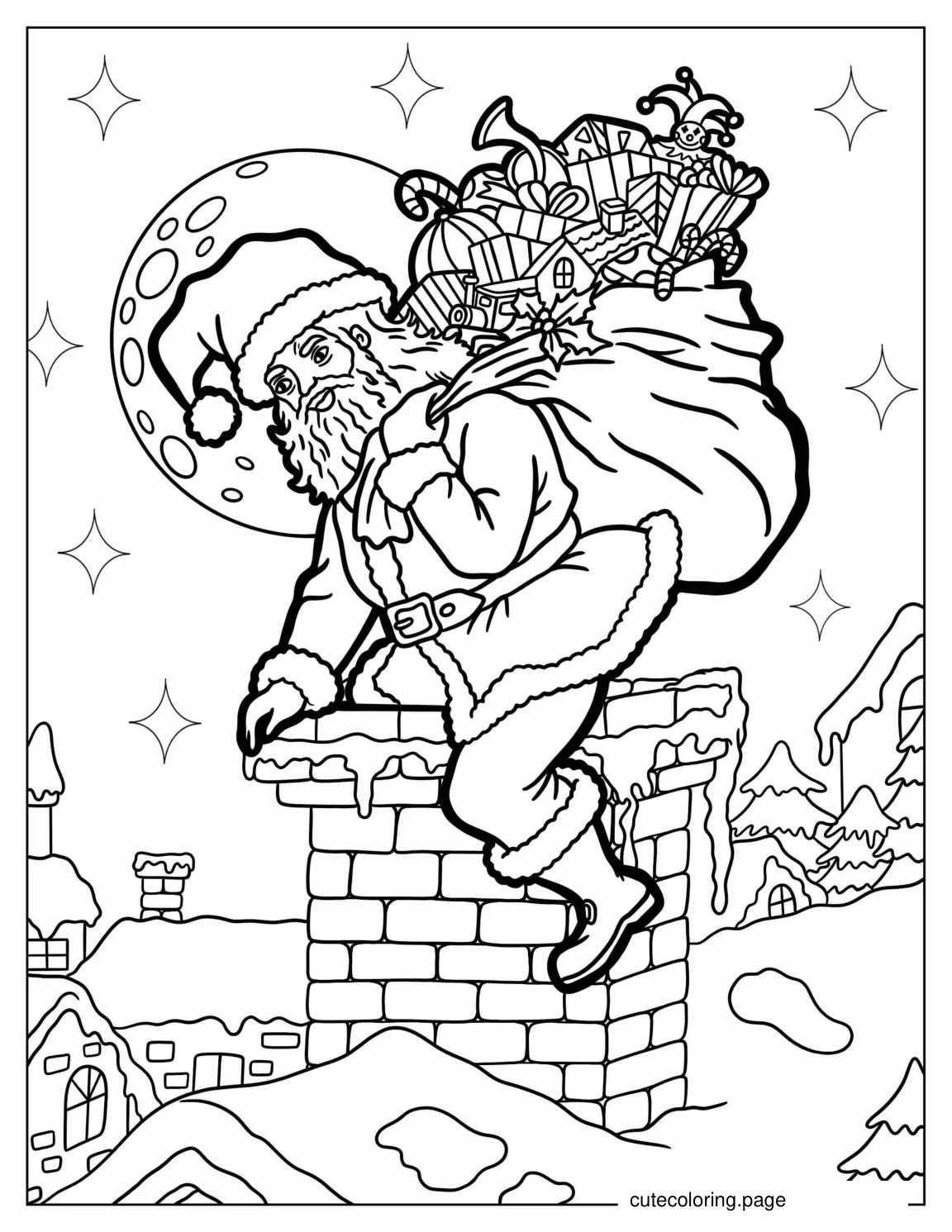 Santa Claus Climbing Into Chimney With Sack Of Presents coloring page