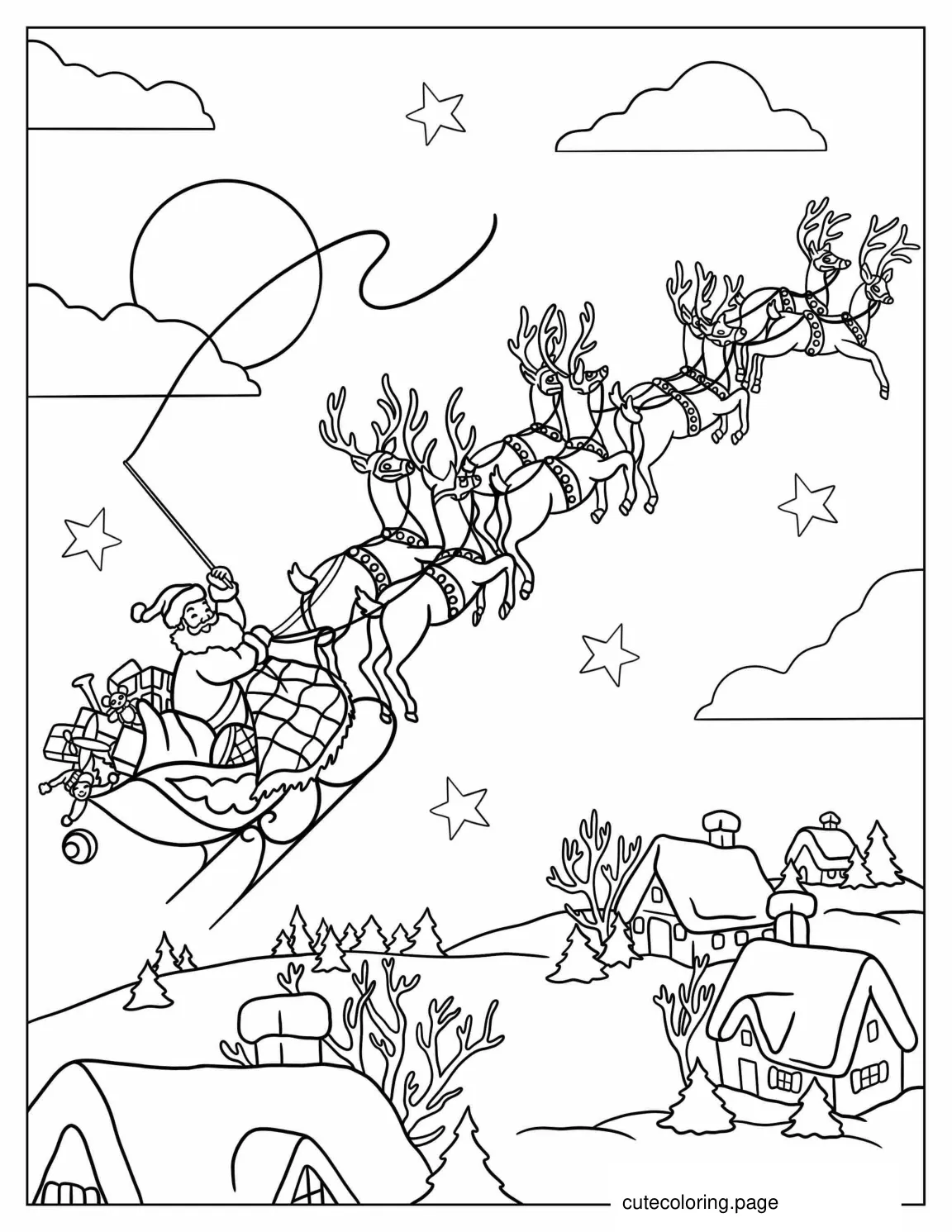 Santa Flying In The Sky With His Reindeer To Color coloring page