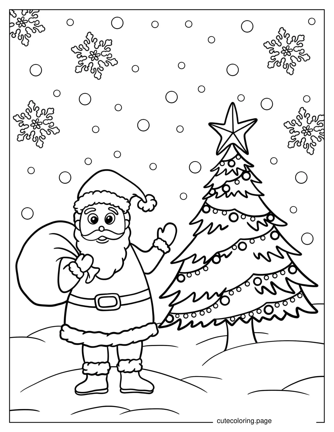 Santa Holding Sack Of Presents Next To Christmas Tree coloring page