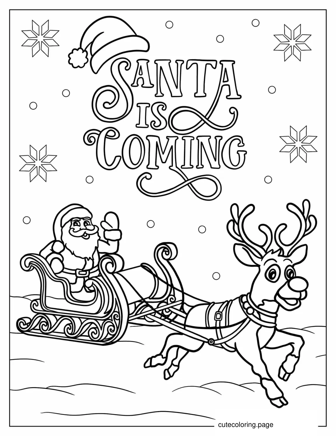 Santa In His Sleigh With Rudolph To Color coloring page