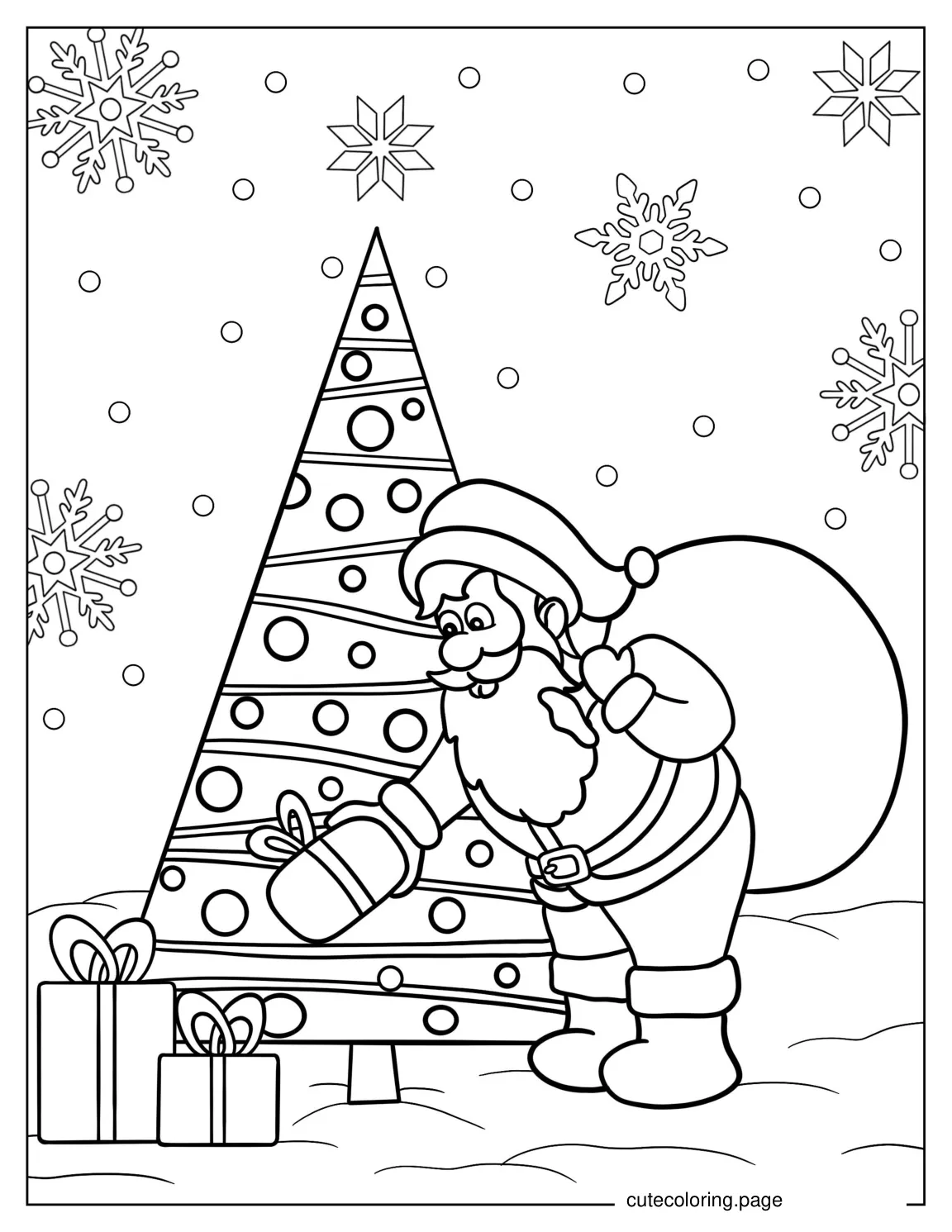 Santa Putting Gifts Under The Tree While Snowing coloring page