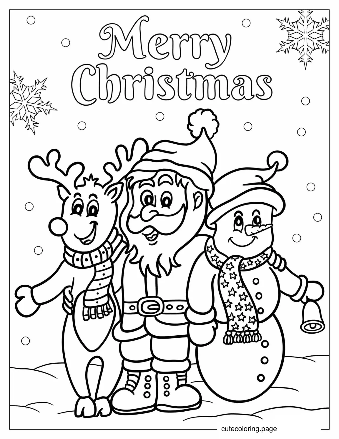 Santa With Rudolph And Snowman To Color coloring page