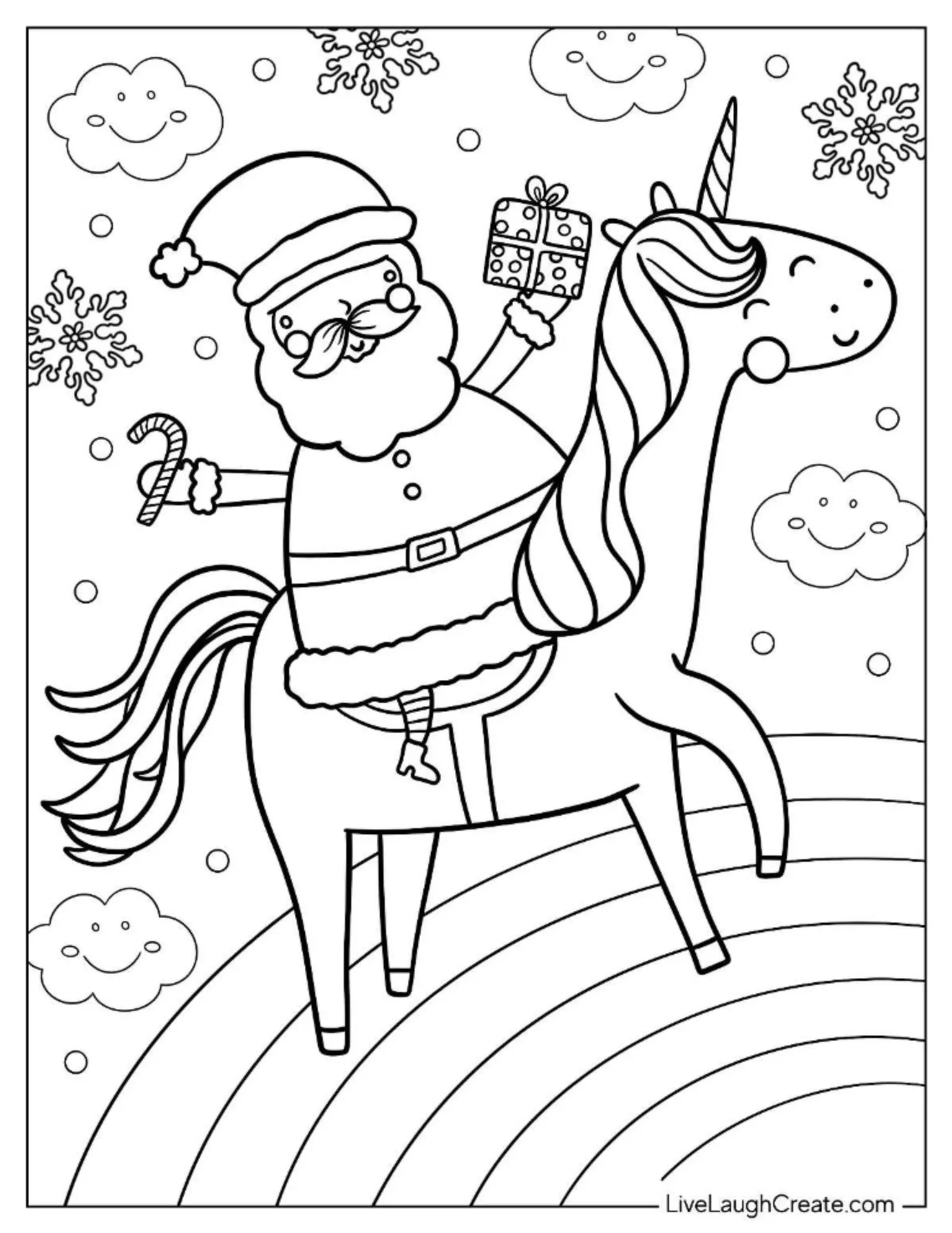 Unicorn With Santa Snow Flakes And Candy Cane 1 coloring page