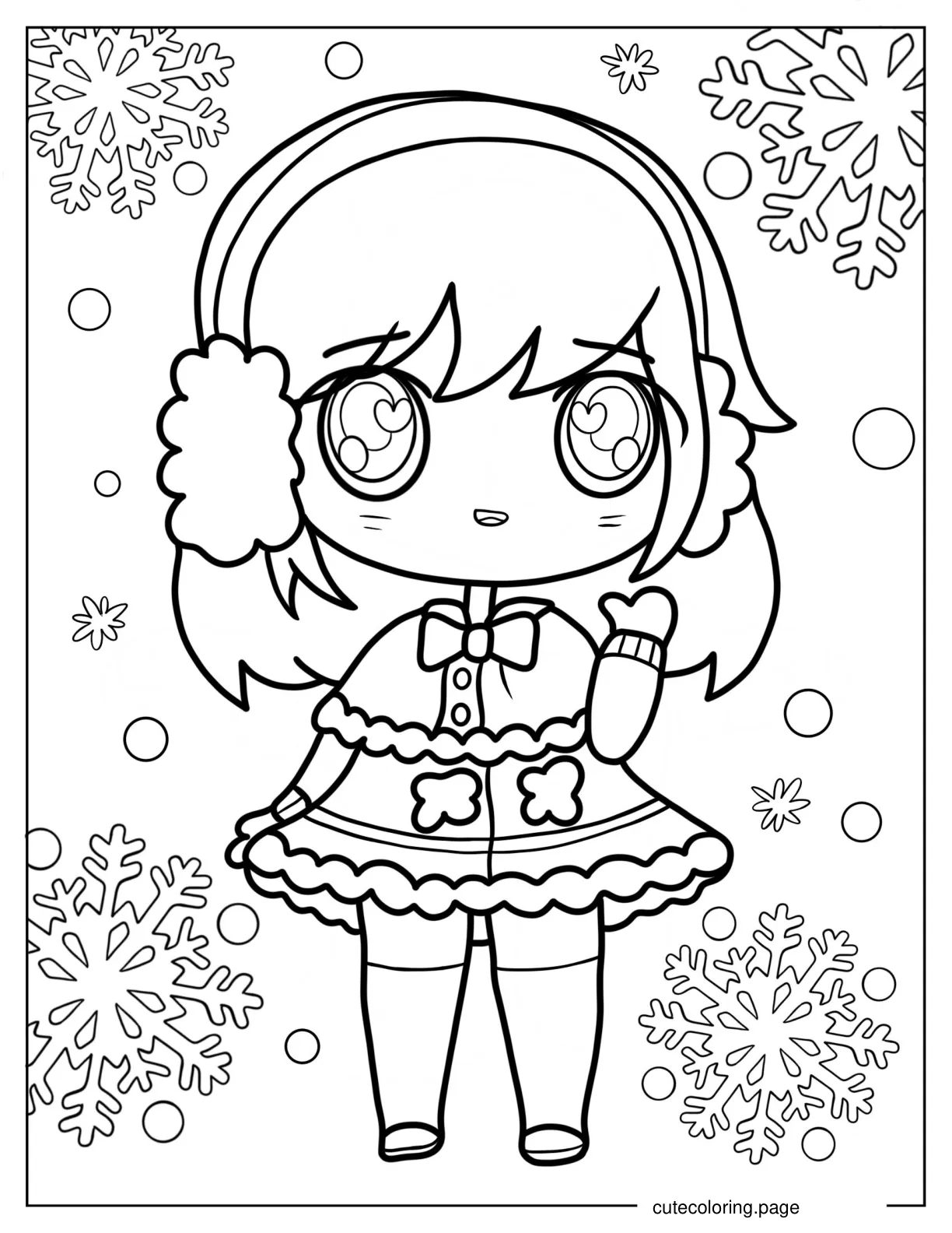 Chibi Girl In Winter Clothes Surrounded By Snowflakes Coloring Sheet coloring page