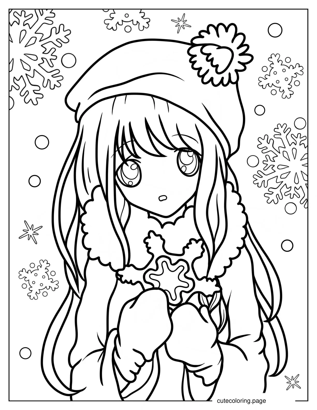 Kawaii Anime Girl Holding Snowflake coloring page