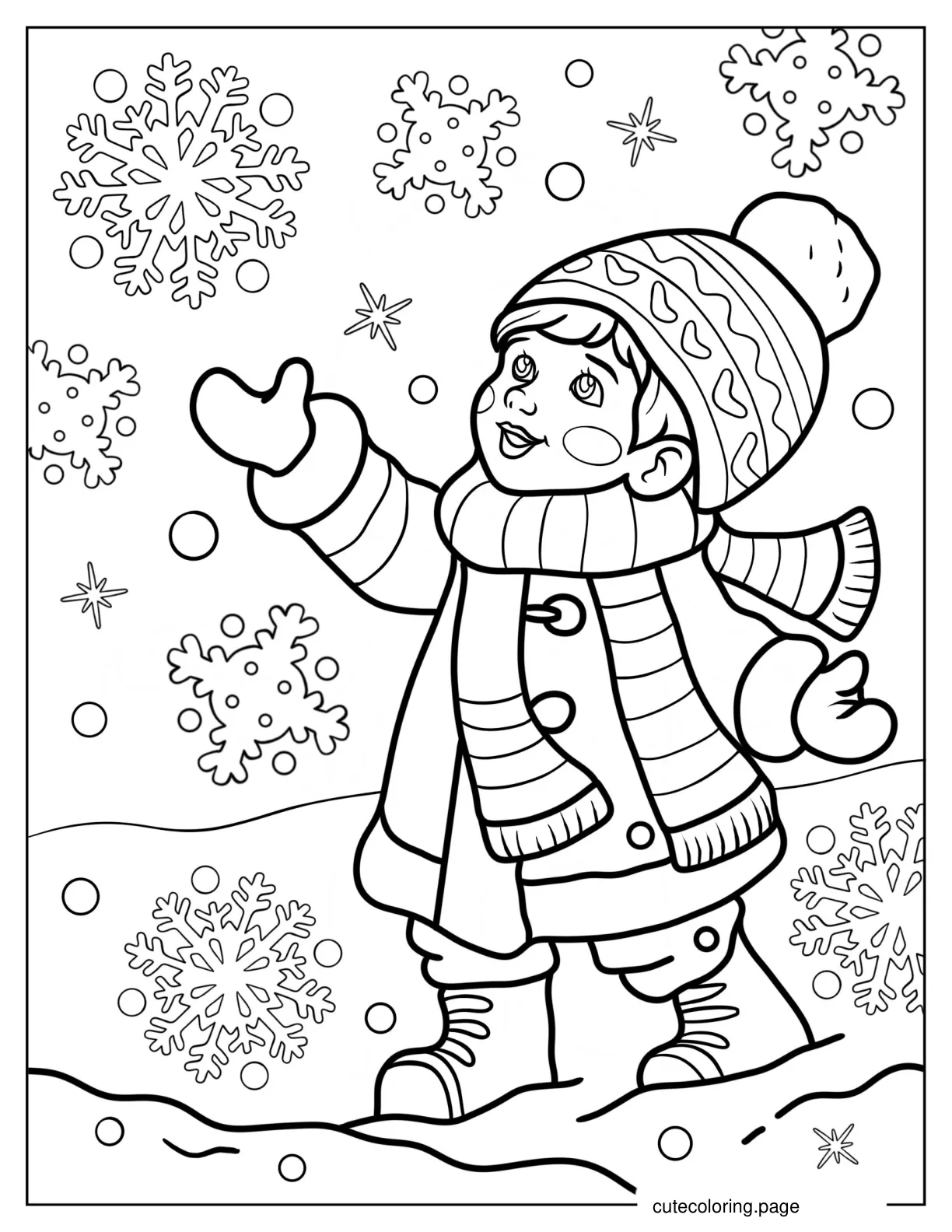 Little Girl Trying To Catch Snowflakes Coloring Page coloring page