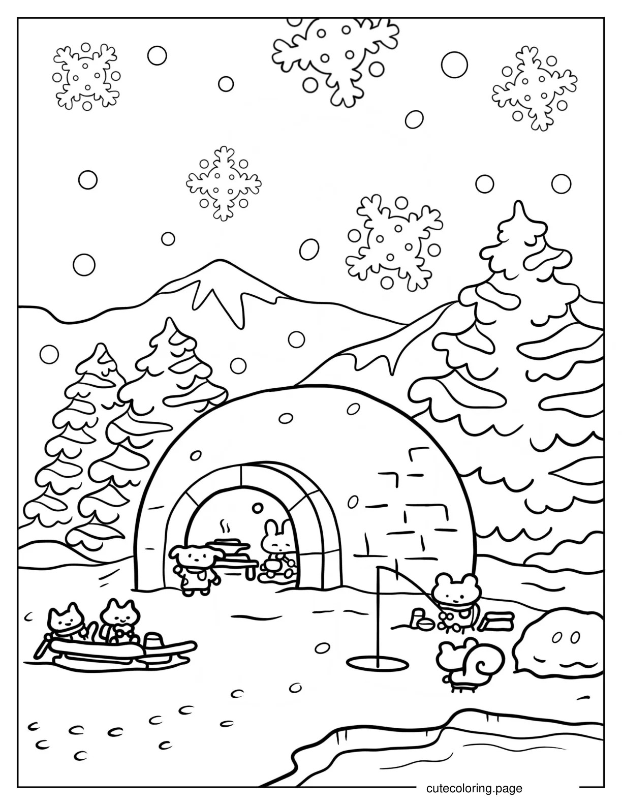 Snowflakes Falling On Cartoon Eskimo Family And Igloo coloring page