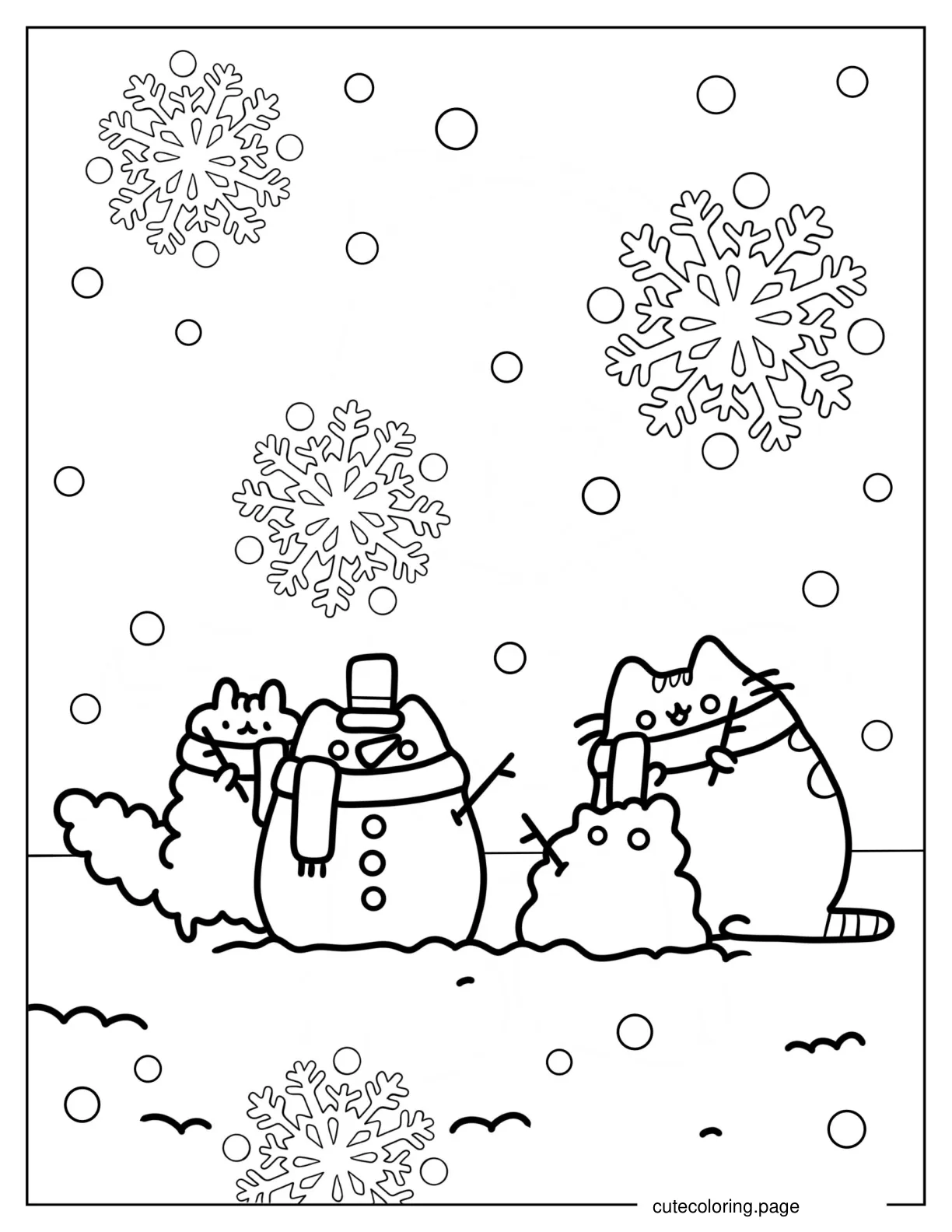 Snowflakes Falling On Pusheen Stormy And Snowman Coloring Sheet coloring page