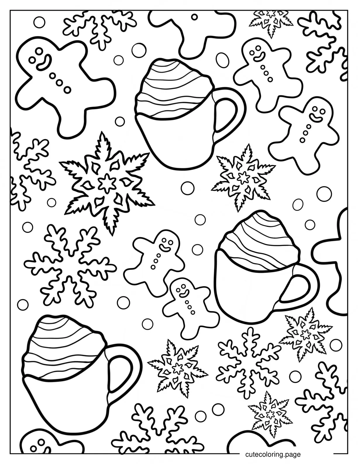 Snowflakes With Hot Cocoa And Gingerbread Man Coloring Page coloring page