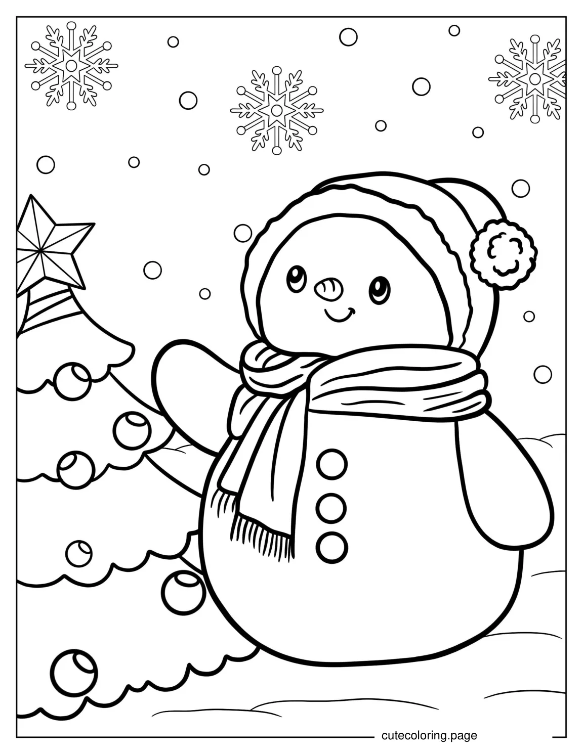 Coloring Page a Snowman Decorating a Christmas Tree coloring page